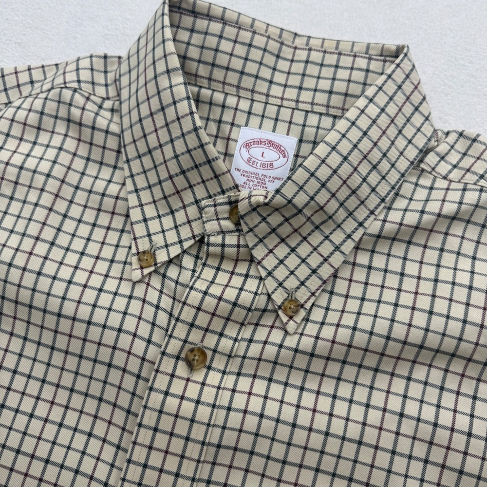 Brooks Brothers Button Down Shirt Mens L Tan Tattersall Check Non-Iron Polo